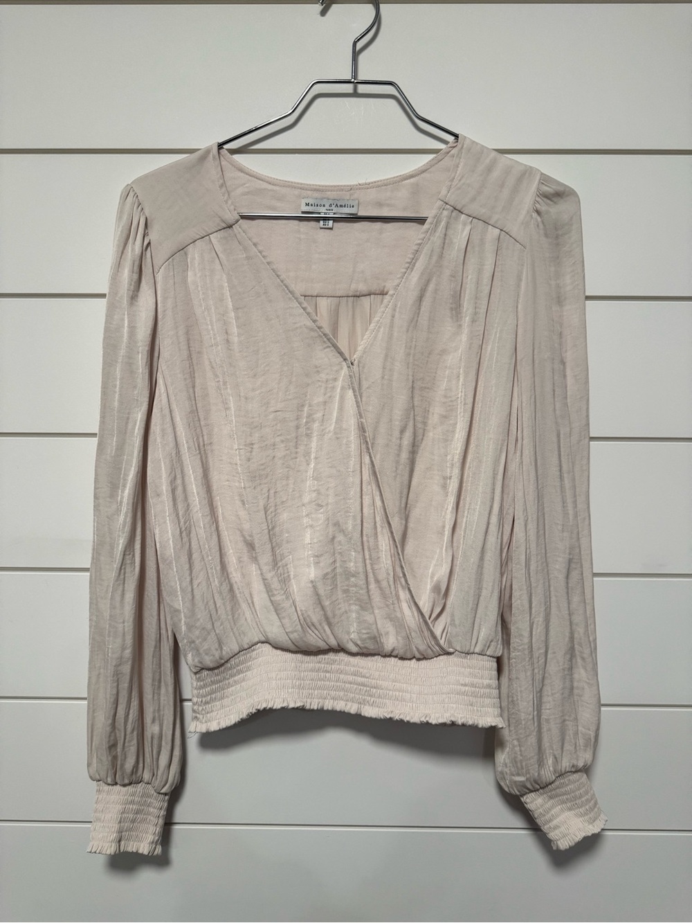 Maison D’Amelie Light Cream Wrap-Front Smocked Blouse Size Small